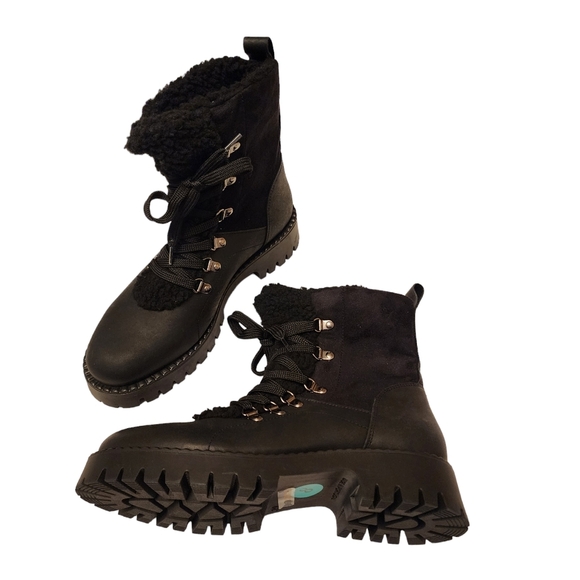 Bootlegger Black Leather & Sherpa Combat Winter Boots Size 8 - Picture 2 of 8